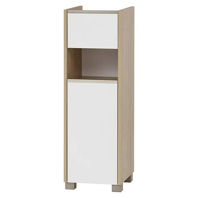 Schildmeyer Juba  Highboard - B x T x H: 30,2 x 33 x 94,7 cm, Eiche hell/Kreideweiß, Matt - Heller Holz- und weißer Aufbewahrungsschrank mit Schubladen/Türen und offenem Fach.