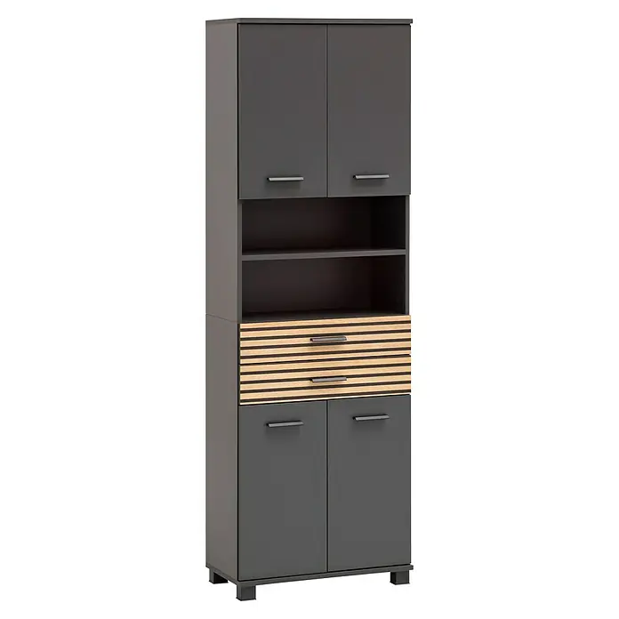 Schildmeyer Katta Hochschrank - B x T x H: 59,8 x 32,6 x 180,9 cm, Anthrazit/Braun, Matt - Hoher, dunkelgrauer Schrank mit zwei Oberschränken, offenen Fächern, zwei Lamellen-Holzschubladen und zwei Unterschränken.