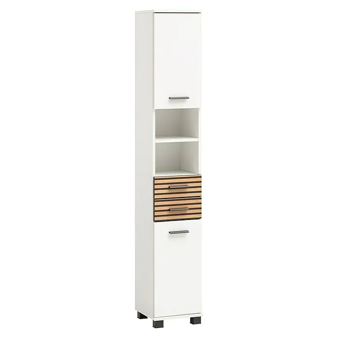 Schildmeyer Katta Hochschrank - B x T x H: 30,3 x 32,6 x 180,9 cm, Weiß/Braun, Matt - Hoher weißer Schrank mit einer oberen Tür, zwei offenen Fächern, zwei Schubladen mit Holzdekor, einer unteren Tür, schwarzen Griffen und Füßen.