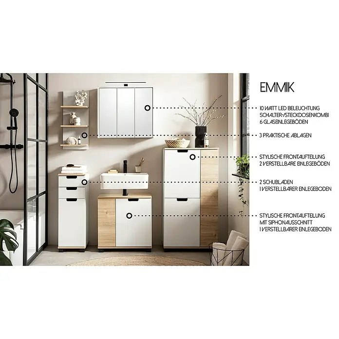 Schildmeyer LED-Spiegelschrank Pandora/Palermo/Emmik/Katta - B x H: 65 x 62,7 cm, Holz, Weiß Matt - Modernes Badezimmermöbel-Set in Weiß und hellem Holz, bestehend aus Schränken und Regalen für viel Stauraum.