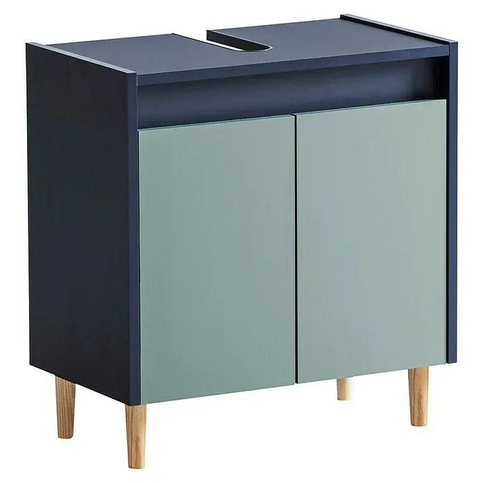 Schildmeyer Lovis Waschtischunterschrank - B x T x H: 56,9 x 33 x 60,1 cm, Nachtblau/Taubenblau, Matt - Dunkelblauer Badunterschrank mit hellgrünen Türen und Holzbeinen, mit Aussparung oben für ein Waschbecken.