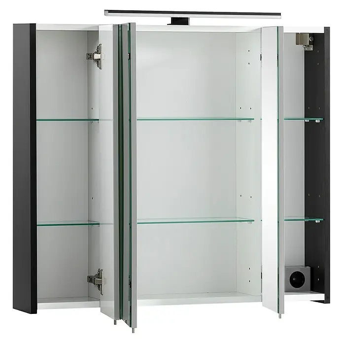 Schildmeyer LED-Spiegelschrank Pandora/Malte - B x H: 80 x 75 cm, Holz, Schwarz Matt/Artisan - Offener Spiegelschrank für das Bad mit weißen und schwarzen Elementen, Glastablaren, integrierter Beleuchtung und Steckdose.