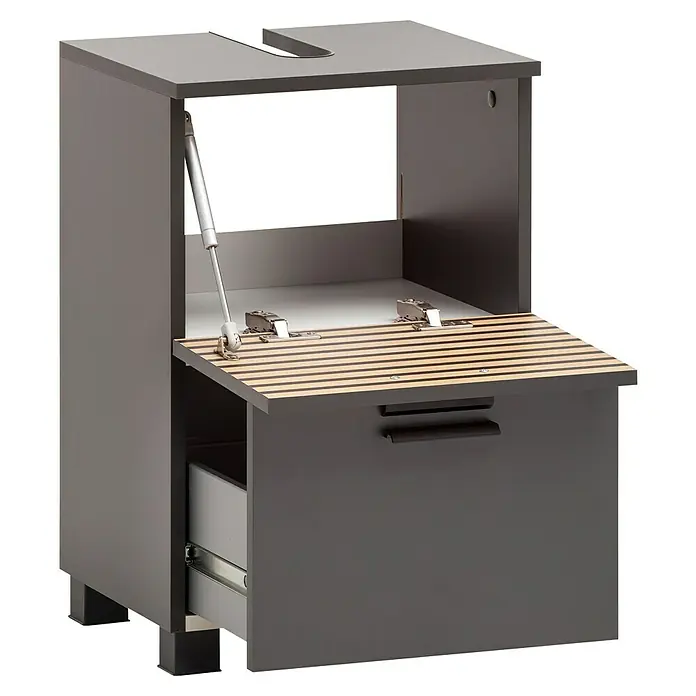 Schildmeyer Katta Waschtischunterschrank - B x T x H: 40,2 x 35 x 60,8 cm, Anthrazit/Braun, Matt - Dunkelgrauer Schrank mit offenem oberen Fach, das eine Lattenrost-Oberfläche und Gasfeder zeigt, sowie geöffneter Schublade unten.
