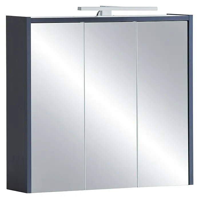 Schildmeyer Lovis LED-Spiegelschrank - B x H: 65 x 62,7 cm, Holz, Nachtblau - Dreitüriger Spiegelschrank in Dunkelgrau mit integrierter silberfarbener LED-Beleuchtung.