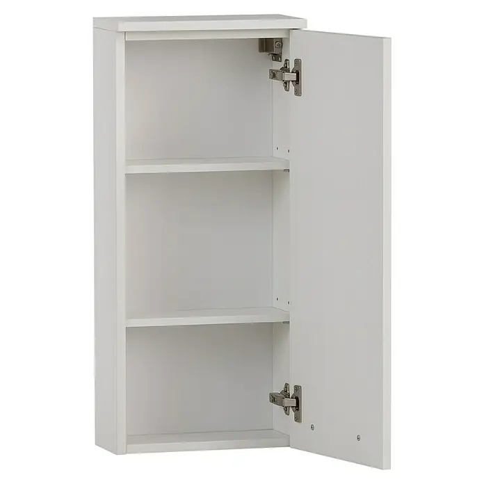 Schildmeyer Maxim Oberschrank - B x T x H: 32,7 x 16,25 x 72,3 cm, Weiß, Matt - Weißer Wandschrank mit drei Fächern und offener Tür, die silberne Scharniere zeigt.