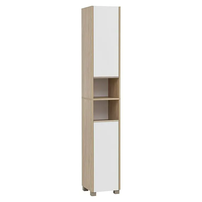Schildmeyer Juba  Hochschrank - B x T x H: 30,3 x 33,1 x 186,5 cm, Eiche hell/Kreideweiß, Matt - Hohes Aufbewahrungsmöbel mit hellen Holzmaserseiten, zwei weißen Schranktüren (oben und unten) und zwei offenen Fächern in der Mitte.