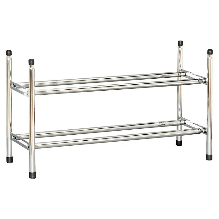 Schuhregal - L x B x H: 23 x 64 x 37 cm, Passend für: Bis zu 12 Paar Schuhe, Max. ausziehbar bis: 118 cm - Abgebildete ist ein Schuhregal mit zwei Ebenen aus verchromtem Metall und schwarzen Endkappen, ideal für die Schuhaufbewahrung.