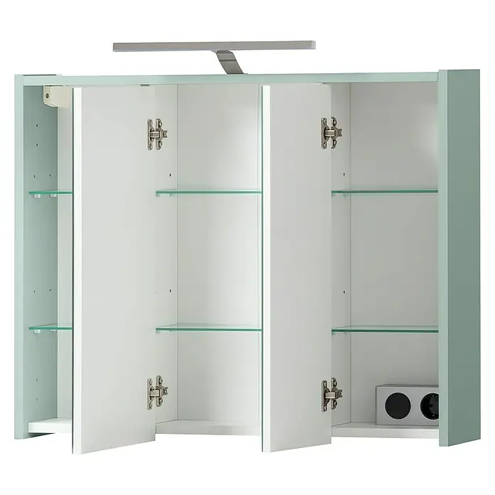 Schildmeyer LED-Spiegelschrank Carlos/Flag - B x H: 74,5 x 64 cm, Holz, Pistazie - Weißer Badezimmerschrank mit offenen Türen, Glasregalen, integrierter Leuchte und Steckdose.