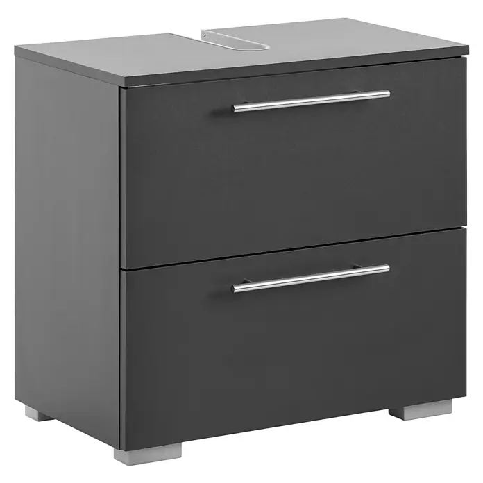 Schildmeyer Carlos Waschtischunterschrank - B x T x H: 60,2 x 35 x 59,1 cm, Anthrazit, Matt - Dunkelgrauer Waschtischunterschrank mit zwei Schubladen, silbernen Griffen und hellgrauer Platte mit Beckenausschnitt, auf kurzen Füßen.