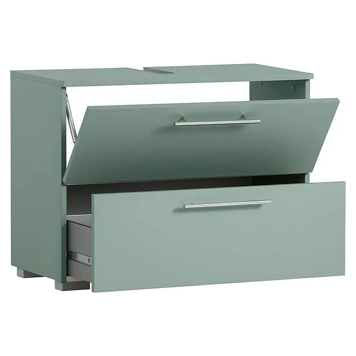 Schildmeyer Carlos Waschtischunterschrank - B x T x H: 80,2 x 35 x 59,1 cm, Pistazie, Matt - Hellgrüner Schrank mit kippbarer Oberklappe und ausziehbarer Schublade, beide mit silbernen Griffen.