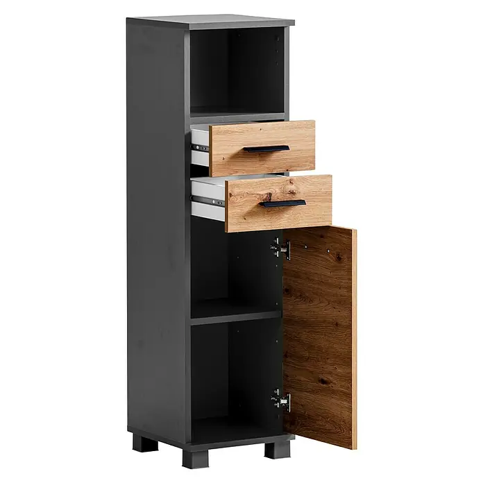 Schildmeyer Palermo Highboard - B x T x H: 30,3 x 32,6 x 110,5 cm, Anthrazit/Artisan eiche, Matt - Schmaler dunkelgrauer Schrank mit zwei hellen Holzschubladen und einer geöffneten dunklen Holztür, die Regale zeigt.
