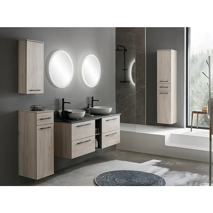 Schildmeyer Maxim Highboard - B x T x H: 32,7 x 35,3 x 88,4 cm, Weiß, Matt - Moderne Badezimmermöbel aus heller Eiche mit Doppelwaschtisch, Spiegeln und Stauraum.