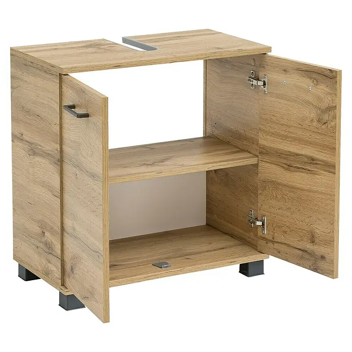 Schildmeyer Nora  Waschtischunterschrank - B x T x H: 59,8 x 32,6 x 62,4 cm, Eiche Landhaus, Matt - Waschtischunterschrank in heller Holzoptik mit zwei Türen, offenem Fach und Siphonausschnitt.
