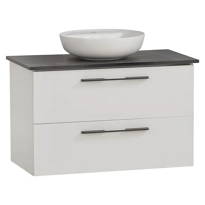 Schildmeyer Maxim Badmöbel-Set - 86 cm, Weiß/Grau, Matt, Mit rundem Aufsatzwaschbecken - Weißer Waschtischunterschrank mit zwei Schubladen, dunkler Arbeitsplatte, weißer Aufsatzwaschschale und schwarzen Griffen.
