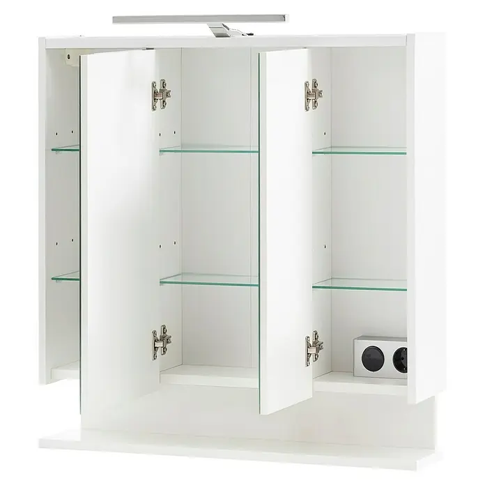 Schildmeyer LED-Spiegelschrank Flag - B x H: 65 x 71,4 cm, Holz, Weiß Glänzend - Weißer Badezimmerschrank mit zwei offenen Türen, Glasregalen und einer internen Steckdose, sowie einer Beleuchtung oben.