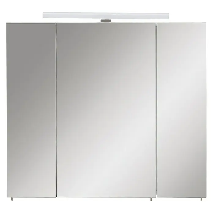 Schildmeyer LED-Spiegelschrank Karla/Maxim - B x H: 80 x 75 cm, Holz, Weiß Matt - Dreitüriger Spiegelschrank mit silbernem Rand und integrierter weißer LED-Leiste.