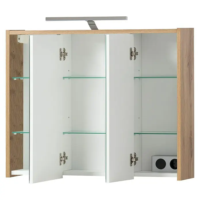 Schildmeyer LED-Spiegelschrank Carlos/Flag - B x H: 74,5 x 64 cm, Holz, Eiche Landhaus - Weißer und heller Eichen-Badschrank mit offenen Türen, Glasböden, integrierter Beleuchtung und Steckdose.