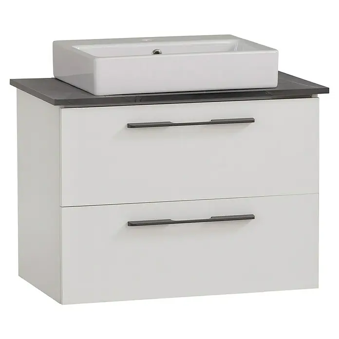Schildmeyer Maxim Badmöbel-Set - 66 cm, Weiß/Grau, Matt, Mit eckigem Aufsatzwaschbecken - Weißer Badezimmerschrank mit zwei Schubladen, dunkelgrauen Griffen und einer dunkelgrauen Arbeitsplatte mit weißem Aufsatzwaschbecken.