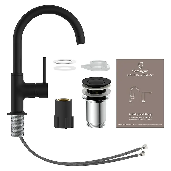 Camargue Waschtischarmatur Lima - Schwarz, Matt - Produktabbildung: Schwarze Camargue Küchenarmatur mit Zubehör und Montageanleitung, ideal für moderne Küchen.