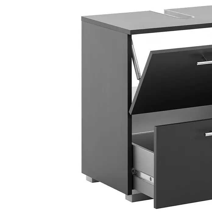 Schildmeyer Carlos Waschtischunterschrank - B x T x H: 80,2 x 35 x 59,1 cm, Anthrazit, Matt - Dunkelgrauer Schrank mit offener Klapptür (Gasdruckfeder) und offener Schublade (Metallauszügen). Mit Aussparung oben und silbernen Griffen.