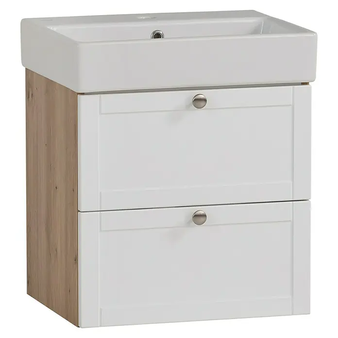 Schildmeyer Jesper Badmöbel-Set - 50 cm, Eiche/Weiß, Matt - Badezimmerschrank mit weißem Keramikwaschbecken, zwei weißen Schubladen mit gebürsteten Metallknöpfen und Holzmaserungsseitenwand.