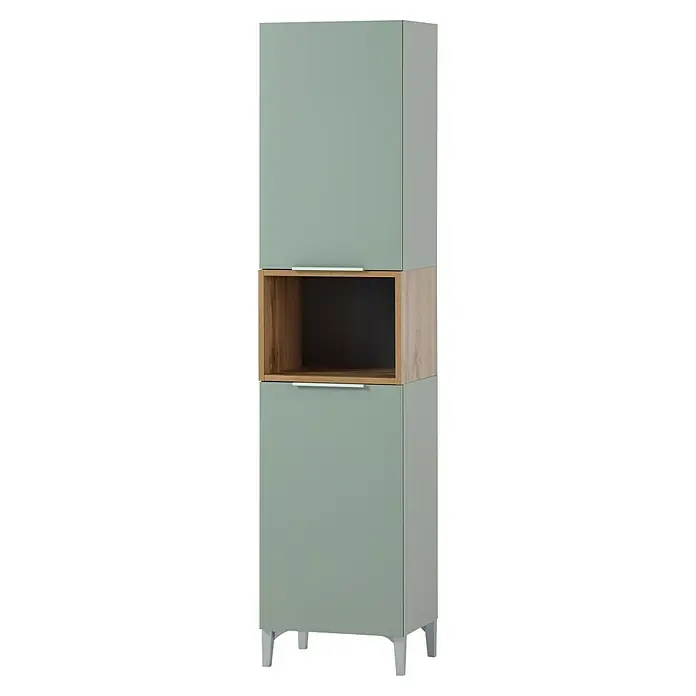 Schildmeyer Smilla Hochschrank - B x T x H: 40,2 x 31,9 x 175,5 cm, Pistazie/Eiche Landhaus, Matt - Hoher hellgrüner Schrank mit offenem Fach in Holzoptik und hellgrauen Beinen.