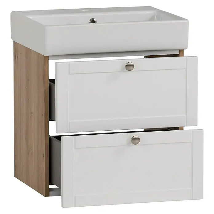 Schildmeyer Jesper Badmöbel-Set - 50 cm, Eiche/Weiß, Matt - Moderner Badunterschrank mit weißem Keramikwaschbecken und hellem Holzschrank mit zwei halb geöffneten weißen Schubladen mit silbernen Griffen.