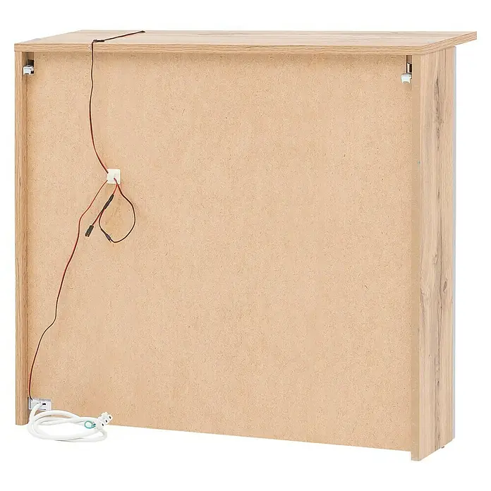 Schildmeyer LED-Spiegelschrank Profil/Nora - B x H: 80,5 x 72,3 cm, Holz, Eiche Landhaus - Rückseite eines hellbraunen Schranks aus Holzwerkstoff mit integrierter Beleuchtungsverkabelung.