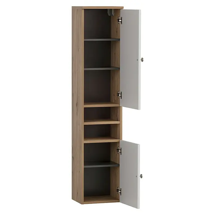 Schildmeyer Jesper Hochschrank - B x T x H: 30,3 x 25,4 x 138,3 cm, Artisan Eiche/Weiß, Matt - Hoher Holzschrank in heller Holzoptik mit grauen und holzfarbenen Innenböden, grauer Rückwand und zwei offenen hellgrauen Türen.