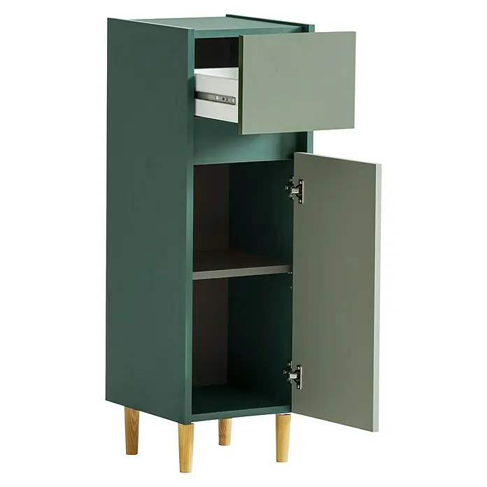 Schildmeyer Lovis Highboard - B x T x H: 30,2 x 33 x 90,3 cm, Waldgrün/Pistazie, Matt - Mattgrüner Schrank mit teilweise geöffneter Schublade, offener Tür, die zwei Einlegeböden zeigt, und hellen konischen Holzbeinen.