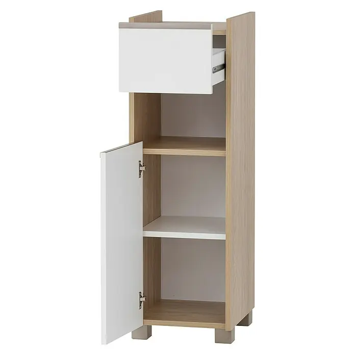 Schildmeyer Juba  Highboard - B x T x H: 30,2 x 33 x 94,7 cm, Eiche hell/Kreideweiß, Matt - Hoher Schrank aus hellem Holz mit weißen Einlegeböden, einer offenen oberen Schublade und einer angelehnten unteren Tür.