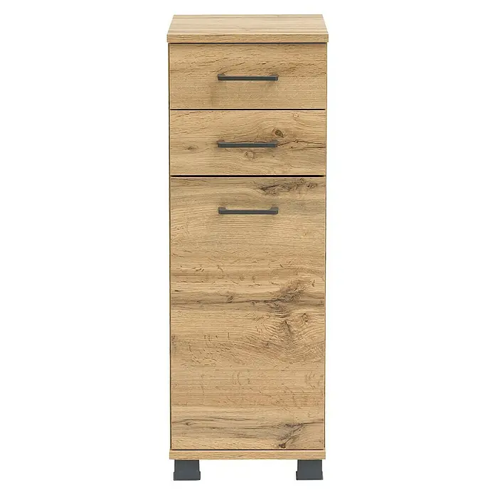 Schildmeyer Nora  Highboard - B x T x H: 30,3 x 32,6 x 88,1 cm, Eiche Landhaus, Matt - Schlanke Kommode aus hellem, rustikalem Holz mit drei oberen Schubladen und einer großen unteren Schublade, mit dunkelgrauen Griffen.