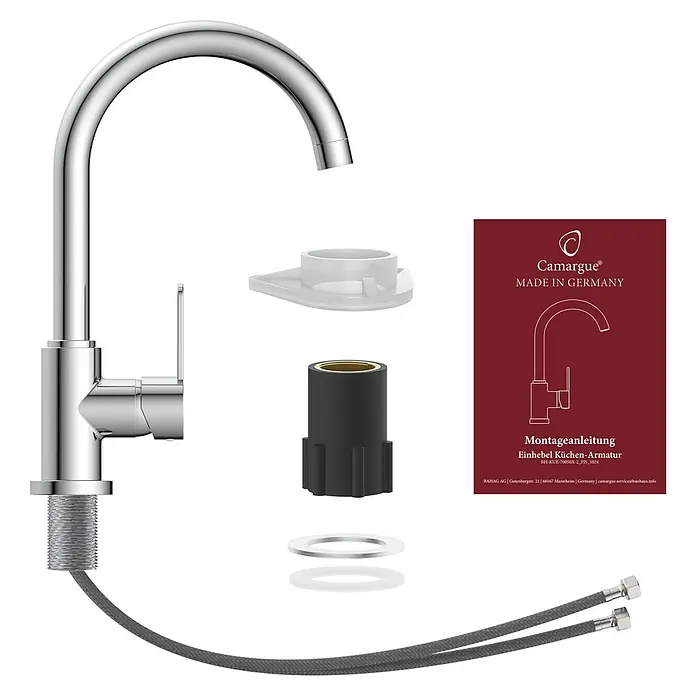 Camargue Spültischarmatur Lima - Chrom, Glänzend - Produktabbildung: Camargue Küchenarmatur, ein hochwertiges Produkt "Made in Germany", inklusive Montageanleitung und Zubehör für die Installation.