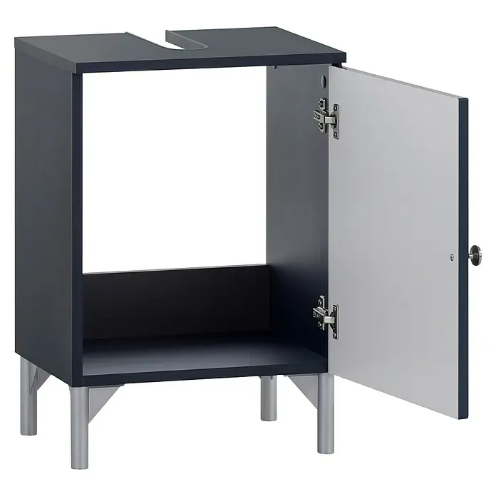 Schildmeyer Jesper Waschtischunterschrank - B x T x H: 40,3 x 32 x 58,5 cm, Nachtblau, Matt - Dunkelgrauer Waschtischunterschrank mit hellgrauer Tür, Innenablage und silbernen Beinen. Die Tür ist offen, oben ist ein Siphon-Ausschnitt.