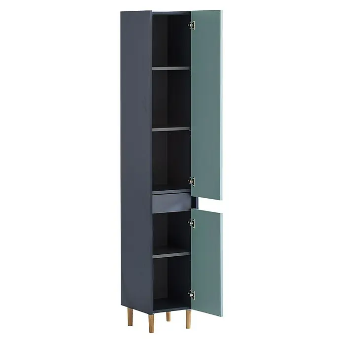 Schildmeyer Lovis Hochschrank - B x T x H: 30,2 x 33 x 170 cm, Nachtblau/Taubenblau, Matt - Hoher dunkelgrauer Schrank mit hellgrünen offenen Türen, Regalen, einer Schublade und Holzbeinen.