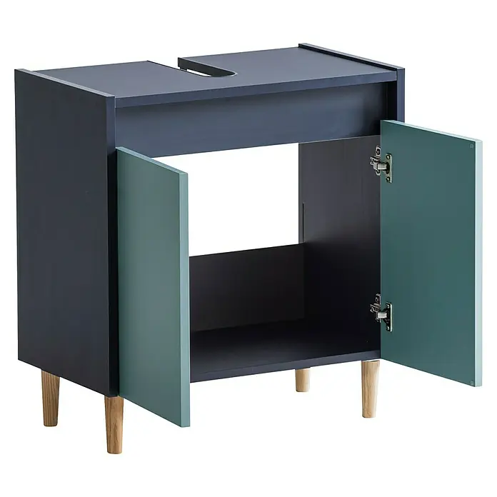 Schildmeyer Lovis Waschtischunterschrank - B x T x H: 56,9 x 33 x 60,1 cm, Nachtblau/Taubenblau, Matt - Dunkelblauer Badunterschrank mit zwei offenen hellgrünen Türen, Ausschnitt für Waschbecken und Holzbeinen.