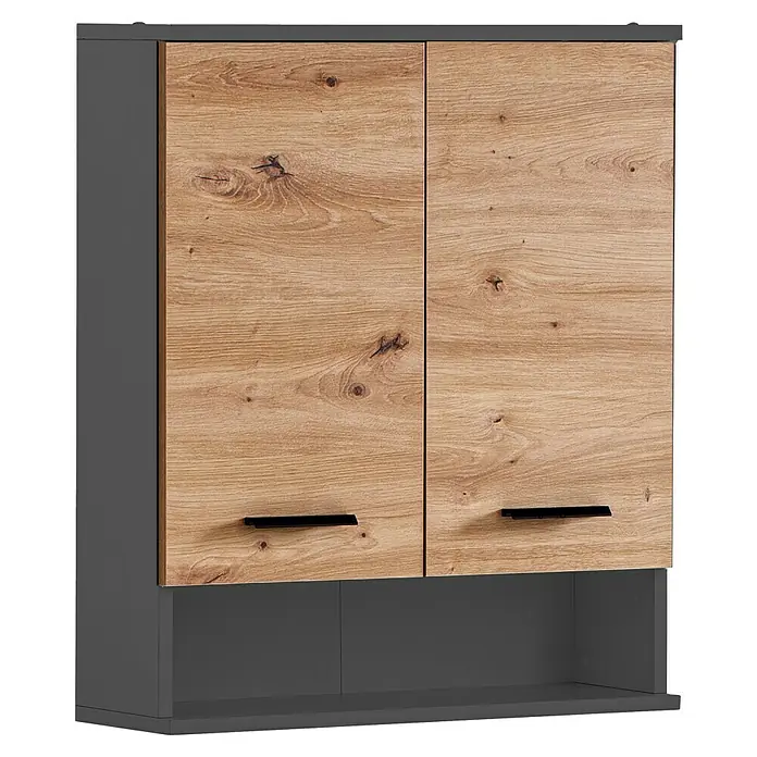 Schildmeyer Palermo Oberschrank - B x T x H: 59,8 x 20,5 x 70,8 cm, Anthrazit/Artisan Eiche, Matt - Zweitüriger Hängeschrank mit hellen Holz-Effekt-Türen, schwarzen Griffen und einem dunkelgrauen Korpus mit offenem Unterregal.