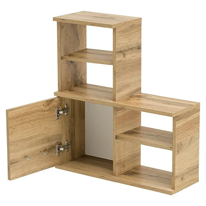 Schildmeyer Nora  Badregal - L x B x H: 20,5 x 59,8 x 64,8 cm - Vielseitiges modulares Regal aus hellem Holz mit offenen Fächern und einem Schrank mit offener Tür.