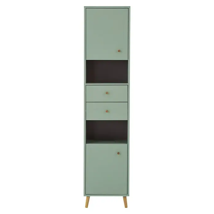 Schildmeyer Bjarne Hochschrank - B x T x H: 40,3 x 33,05 x 180,6 cm, Pistazie, Matt - Hellgrüner schmaler Schrank mit zwei Türen, zwei Schubladen, zwei offenen Fächern sowie Holzknäufen und schrägen Beinen.