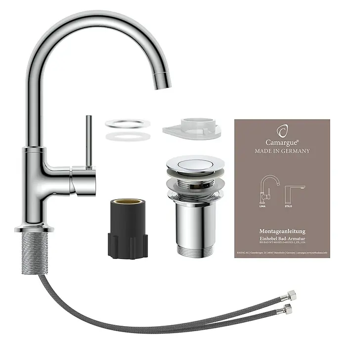 Camargue Waschtischarmatur Lima - Chrom, Glänzend - Produktabbildung eines Camargue Einhebelmischers für das Badezimmer, komplett mit Montageanleitung und Zubehör für die Installation.