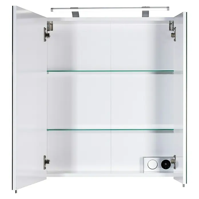 Schildmeyer Dorina LED-Spiegelschrank - B x H: 60 x 74,7 cm, Holz, Weiß Glänzend - Offener weißer Badezimmerschrank mit zwei Glasböden, Steckdose und oberer LED-Beleuchtung.