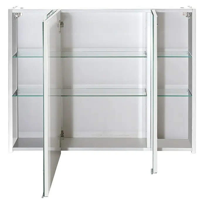 Schildmeyer Spiegelschrank Basic - B x H: 100 x 70,7 cm, Holz - Weißer dreitüriger Wandschrank mit Glasablagen, geöffnet dargestellt.
