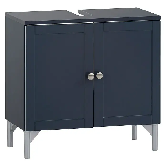 Schildmeyer Jesper Waschtischunterschrank - B x T x H: 60,2 x 32 x 58,5 cm, Nachtblau, Matt - Dunkelblauer Badezimmer-Waschtischunterschrank mit zwei Türen, silbernen Griffen und Beinen, und einer Aussparung für ein Waschbecken.