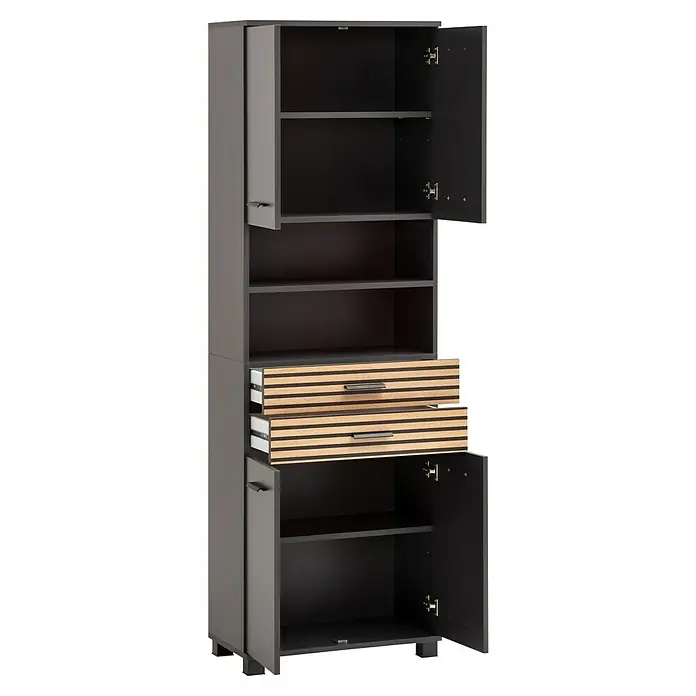Schildmeyer Katta Hochschrank - B x T x H: 59,8 x 32,6 x 180,9 cm, Anthrazit/Braun, Matt - Hoher anthrazitfarbener Schrank mit offenen Türen und zwei gestreiften Holz-Schwarz-Schubladen. Zeigt Innenfächer.