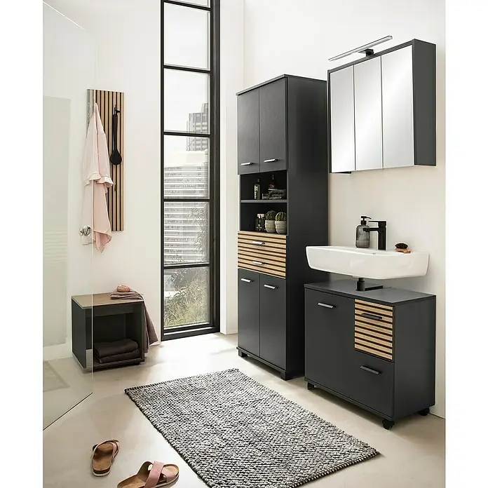 Schildmeyer Katta Waschtischunterschrank - B x T x H: 65,1 x 32 x 60 cm, Anthrazit/Braun, Matt - Modernes dunkelgraues Badmöbelset mit Naturholz-Akzenten.