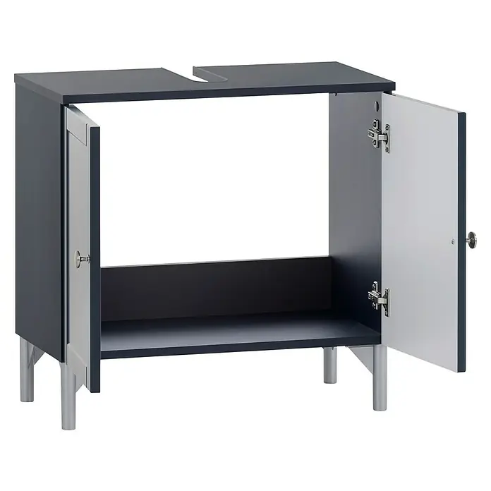 Schildmeyer Jesper Waschtischunterschrank - B x T x H: 60,2 x 32 x 58,5 cm, Nachtblau, Matt - Offener dunkelblauer Waschtischunterschrank mit hellen Türen, Waschtischausschnitt und silbernen Beinen.