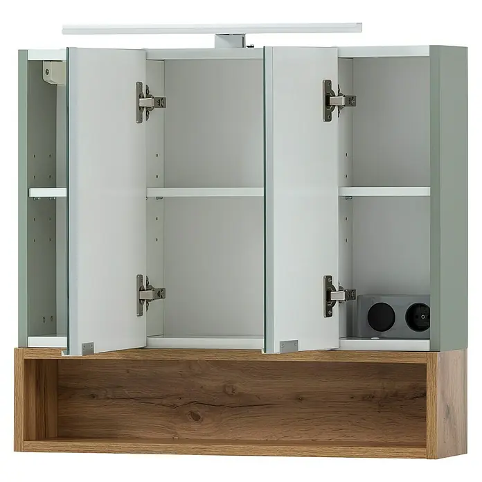 Schildmeyer Smilla LED-Spiegelschrank - B x H: 66,6 x 64,6 cm, Holz, Pistazie/Eiche Land - Offener weißer Badezimmerspiegelschrank mit Innenablagen, Licht und Steckdose, ergänzt durch eine untere Holzablage.