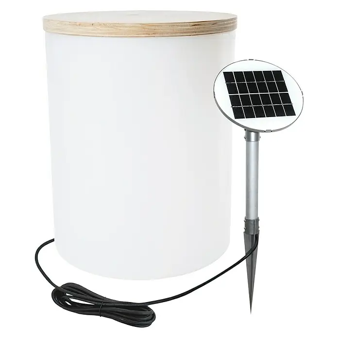 8 Seasons Design Shining LED-Solar-Dekoleuchte Drum - Weiß, L x B x H: 37 x 37 x 45 cm - Solarbetriebene Outdoor-Lampe mit Holzdeckel und integriertem Solarpanel für stimmungsvolle Beleuchtung im Garten.