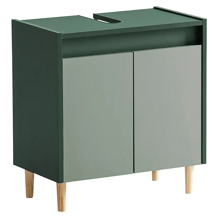 Schildmeyer Lovis Waschtischunterschrank - B x T x H: 56,9 x 33 x 60,1 cm, Waldgrün/Pistazie, Matt - Dunkelgrüner Waschbeckenunterschrank mit hellgrauen Doppeltüren und hellen Holzbeinen.