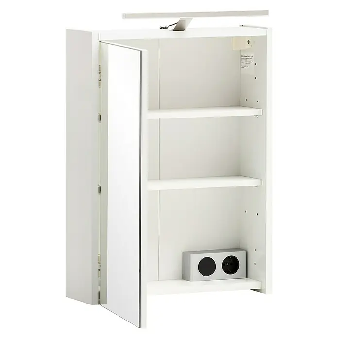 Schildmeyer LED-Spiegelschrank Katta/Flag - B x H: 43,5 x 64 cm, Holz, Weiß Matt - Weißer Badezimmerschrank mit offener Spiegeltür, Regalböden, integrierter LED-Leuchte und Steckdose.